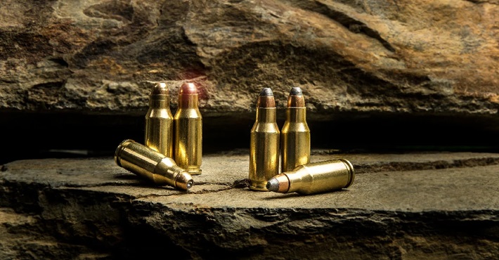 Several rounds of ammunition standing upright and lying on a rocky surface, with a dramatic lighting effect highlighting the bullets.