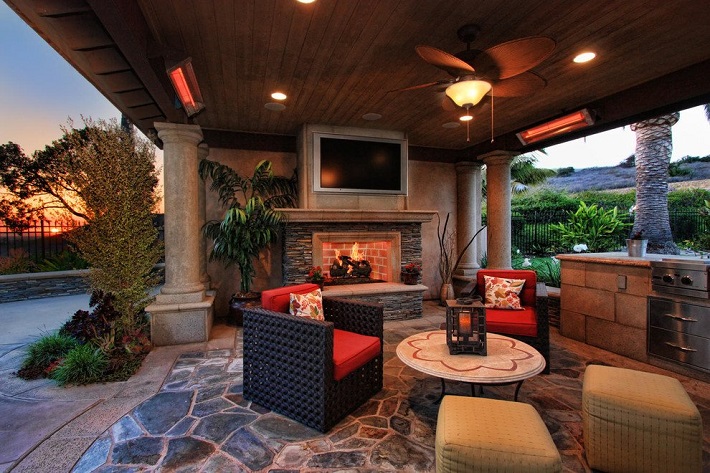 patio with furniture and heaters